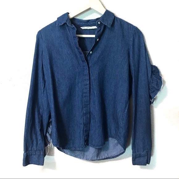 Zara Denim Frilled Sleeve Shirt - Picture 4 of 7